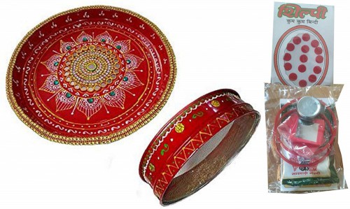 Karwachauth thali Set
https://www.amazon.in/Salvus-App-SOLUTIONS-Thaalikarwachauth/dp/B01LD3N8B0
 This karwachoth pooja thali is handmade item that is decorated with kundan, unique design and beautiful golden lace. On karwachoth occasion, women can buy this elegant and unique pooja thali set with chhanni. It is highly preferred as a gift due to its different decorative features and great quality. This Hand crafted traditional pooja thali will surely embellish all your spiritual seasons. Now the size of this thali is 26 cm diameter & width is 3 cm and Channi is 20 cm diameter and width is 6 cm.
Jaali for Karwa Chauth, Pujan Plate karwachauth, thali Set + 1 Pack kumkum Bindi Set