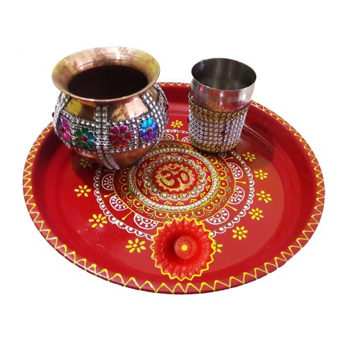Handmade Steel Om Pooja Thali
https://www.amazon.in/Salvus-App-SOLUTIONS-Karwachauth-Multicolour/dp/B01LLN2N72
 It is time to celebrate karwa chauth in style. This is reason; craftera represents Karwa Chauth thali set for delightful celebration. This Decorated Colorful Om Pooja Thali Set is handmade items that are made of special stone lace and beautiful Stones studded. So, celebrate your karwachauth with our special KarwaChauth thali set. Now the size of this Decorated Pooja Thali-26 cm diameter & width is 3 cm, Decorated Copper Lota-10 cm diameter & length is 10 cm, Decorated Glass -6 cm diameter & length is 8 cm and Decorated Diya- 5 cm diameter & height is 3.5 cm.
Pooja Thali Set, Colorful Om Pooja Thali, Decorated Pooja Thali