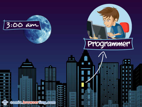 Programmers are the only people awake at 3am.

For more funny computer jokes visit our comic at https://comic.browserling.com. We're adding new programming jokes every week. We're true geeks at heart.