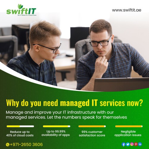 Why do you need Managed IT services now?

Manage and improve your IT infrastructure with our managed services. Let the numbers speak for themselves:

✅ Reduce up to 40% of cloud costs
✅ Up to 99.99% availability of apps
✅ Negligible application issues
✅ 99% customer satisfaction score

Visit us: https://swiftit.ae/

Call Now: +971-26503606, +056-2071853